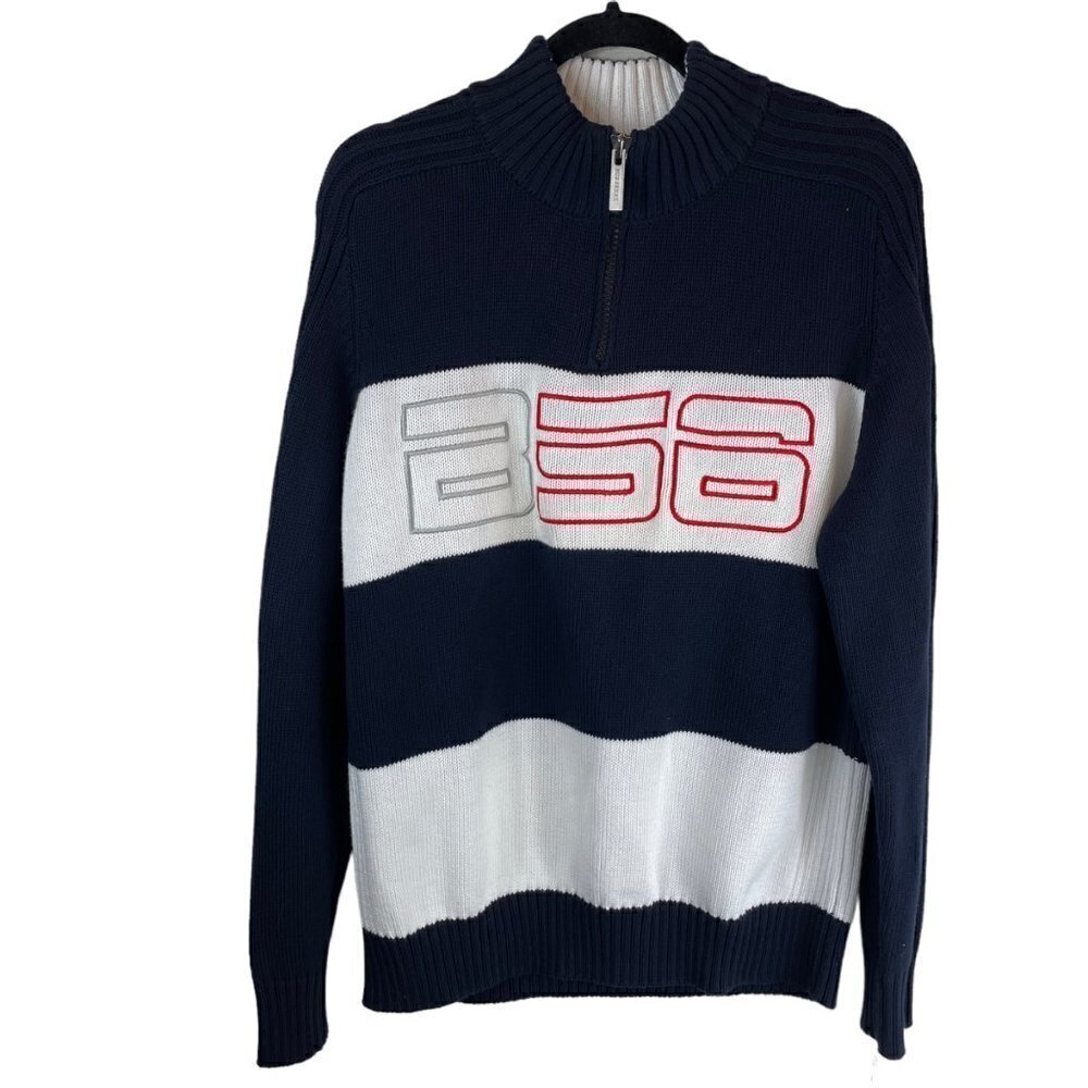 Burberry London B56 Cotton 1/4 Zip Striped Pullover Sweater Navy White Size L